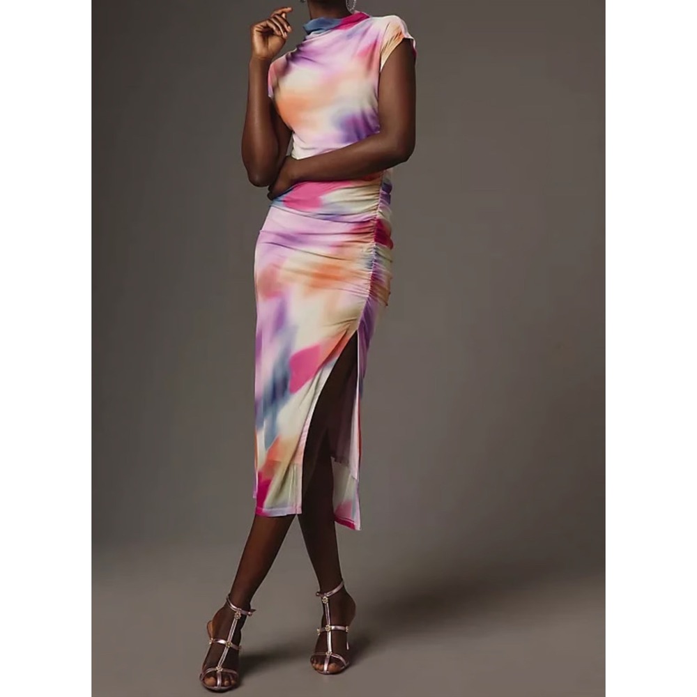Anthropologie Pink Combo Mesh Ruched Mock Neck Midi Dress  Side Slit XL‎